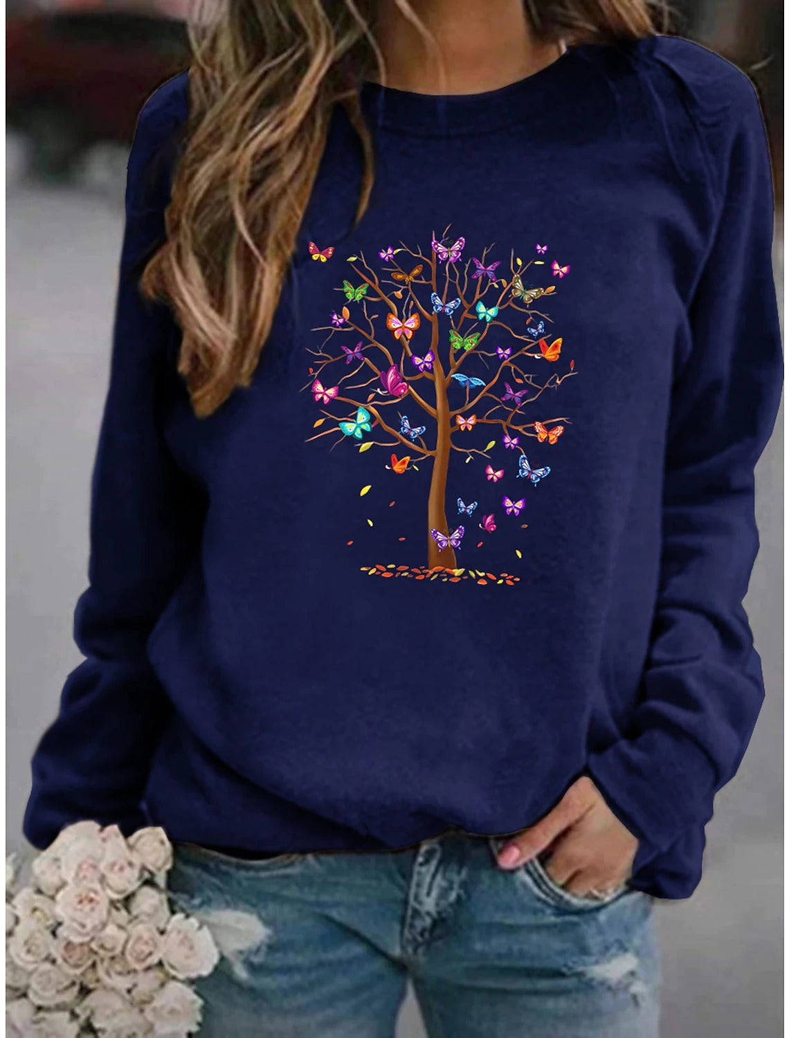 Butterfly and Tree Print Crew Neck Long Sleeves Sweatshirt