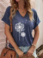 Dandelion Print V-neck Casual Short Sleeves T-shirt