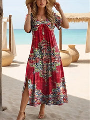 Vintage Floral Print Round Neck Short Sleeve Midi Dress