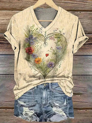 Vintage Floral Print V-neck Short Sleeve Tops