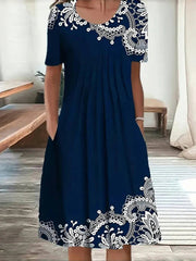 Casual Vintage Round Neck Short Sleeve Midi Dress
