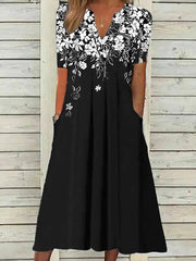 Vintage Floral V-neck Pockets Short Sleeve Ruched Comfy Maxi Dress