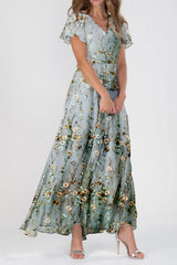 Floral Embroidery V Neck Short Sleeve  Ruffle Maxi Dress