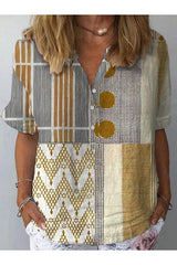 Multi-pattern Collared Short Sleeves Blouse