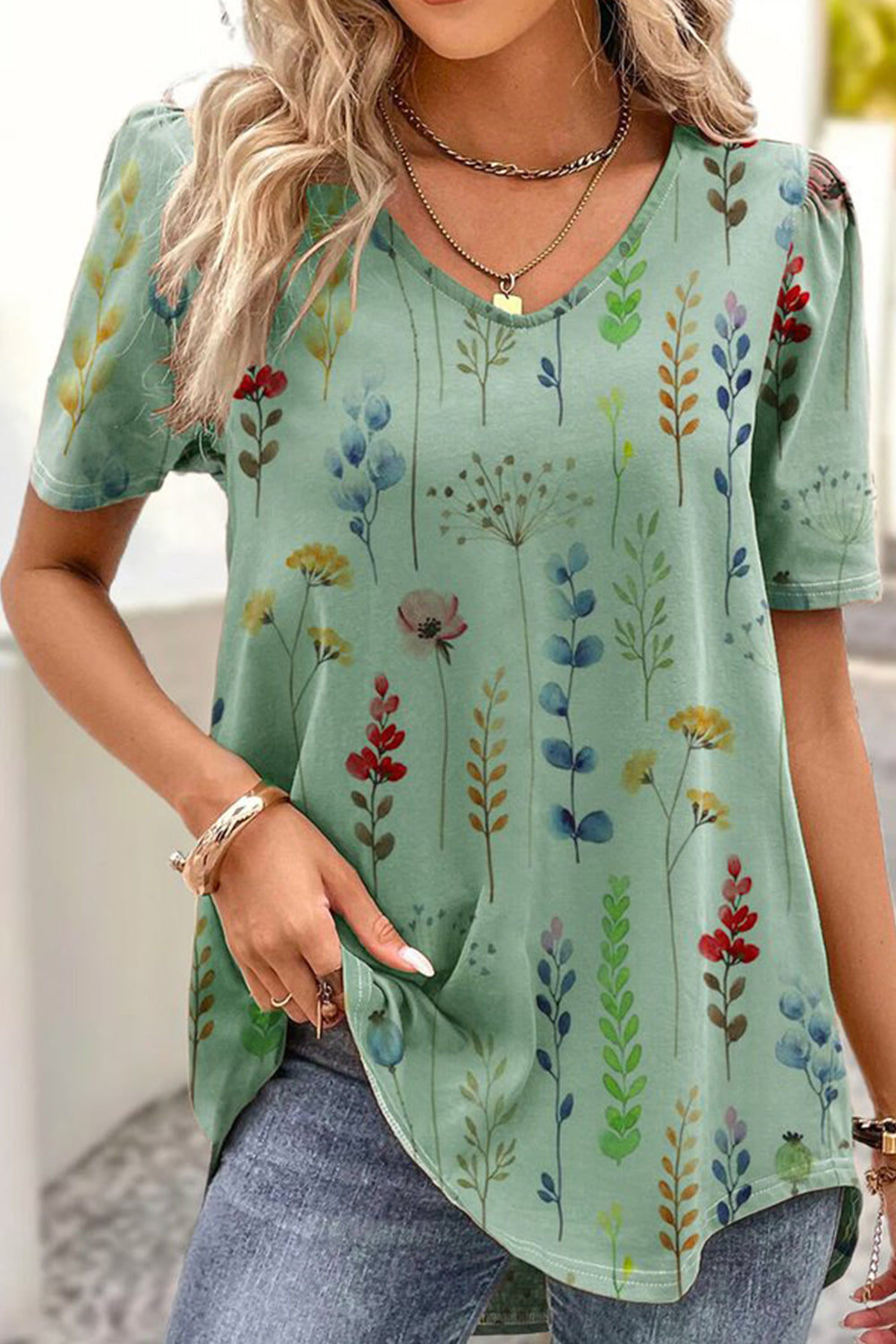 Floral Print V-Neck Short Sleeve T-Shirt