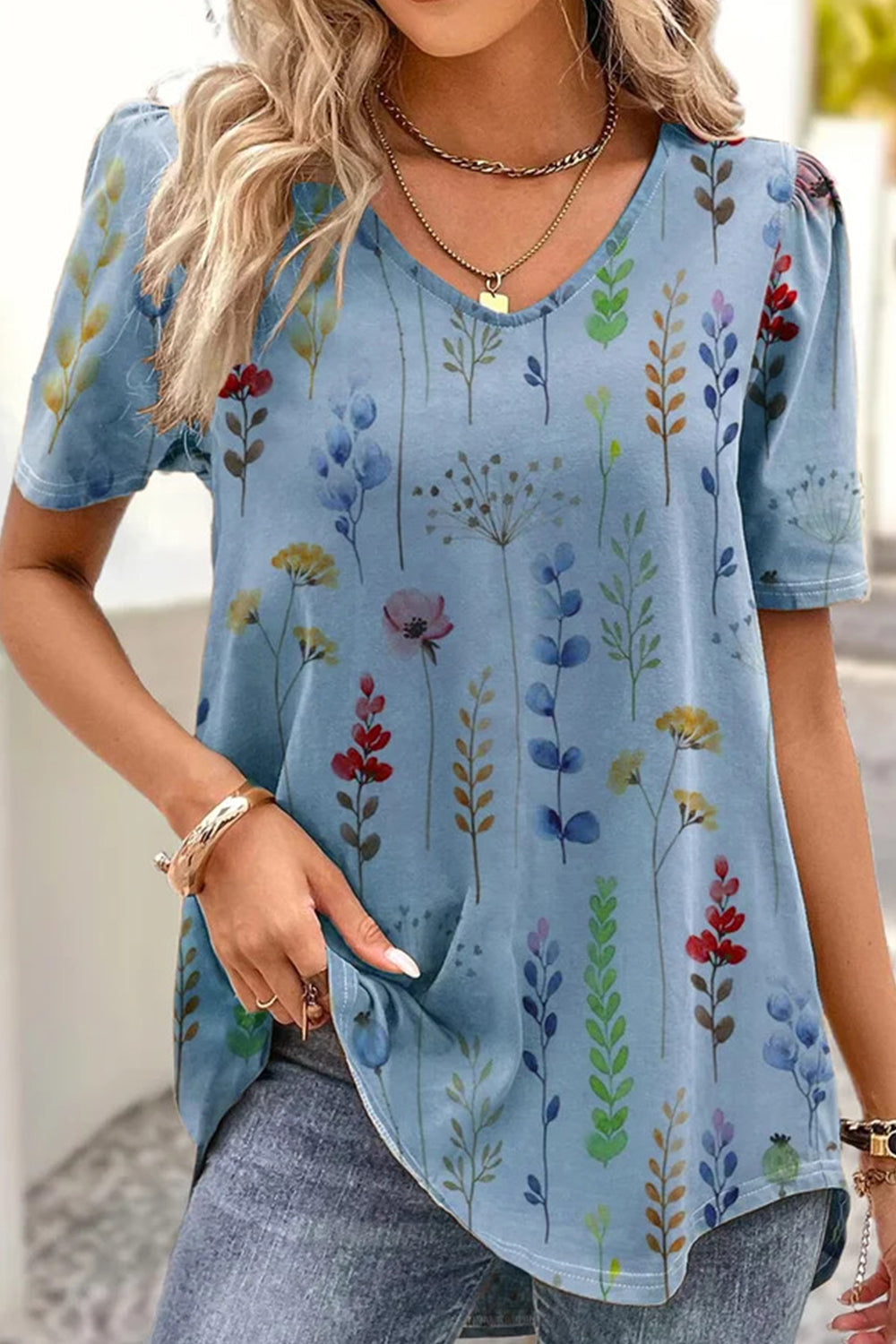 Floral Print V-Neck Short Sleeve T-Shirt