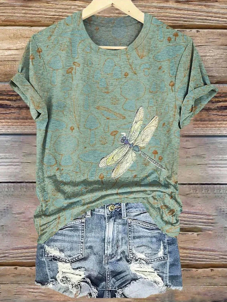 Vintage Dragonfly Print Round Neck Short Sleeve T-Shirt