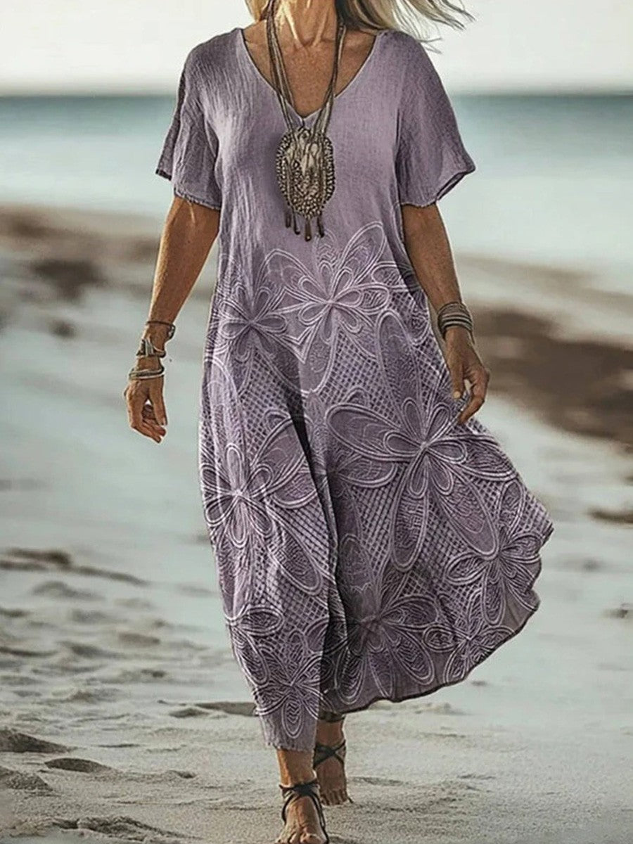 Retro Floral Print V-neck Short Sleeve Dress