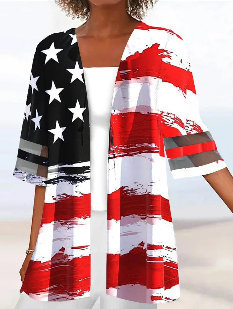Star Stripe Print Half Sleeve Casual Daily Cardigan
