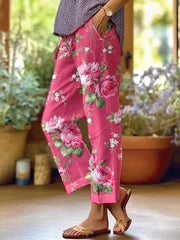 Pink Floral Print Pockets Casual Comfy Pants