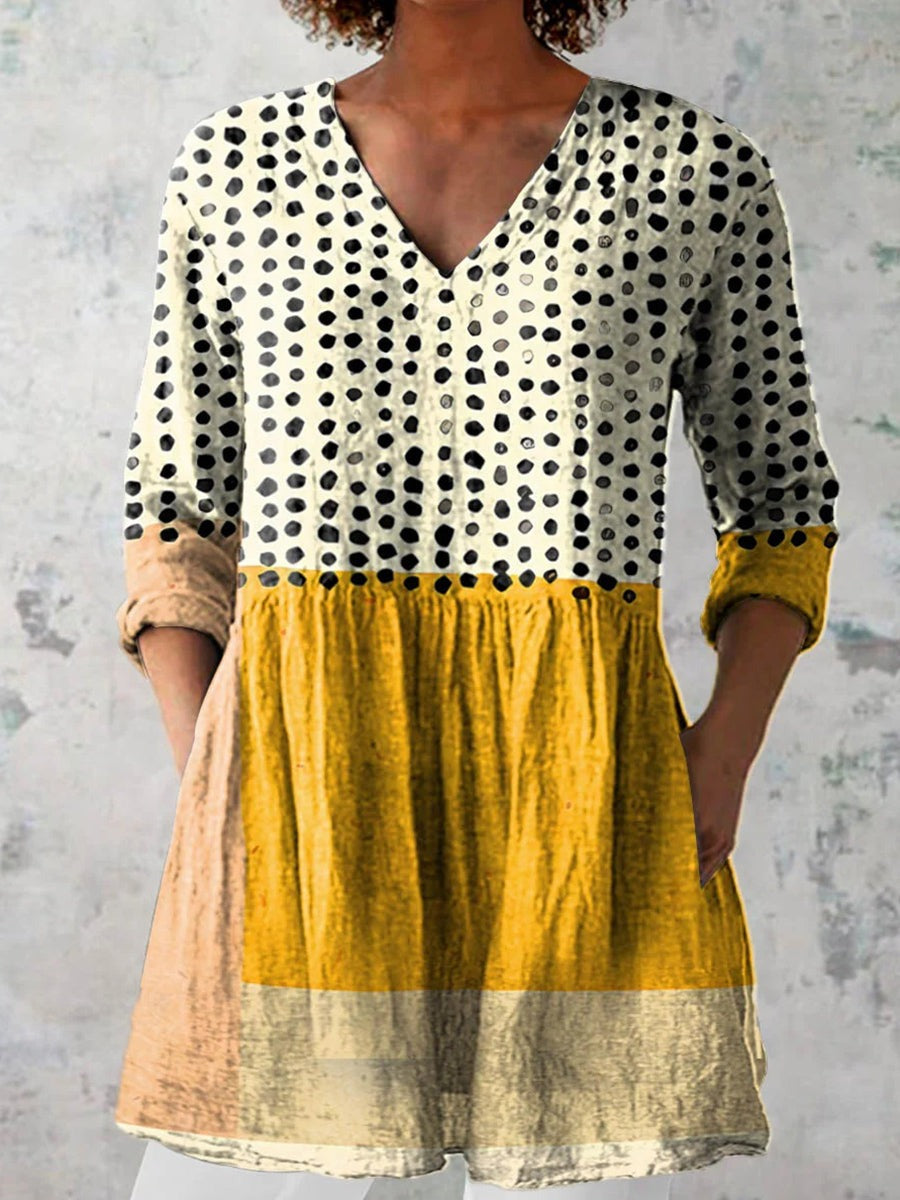Geometric Dot Art Print V-neck 3/4 Sleeve Casual Daily Blouse