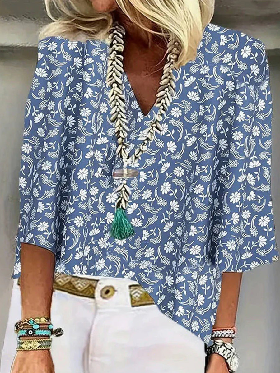 Floral V-neck 3/4 Sleeve Loose Casual Blouse
