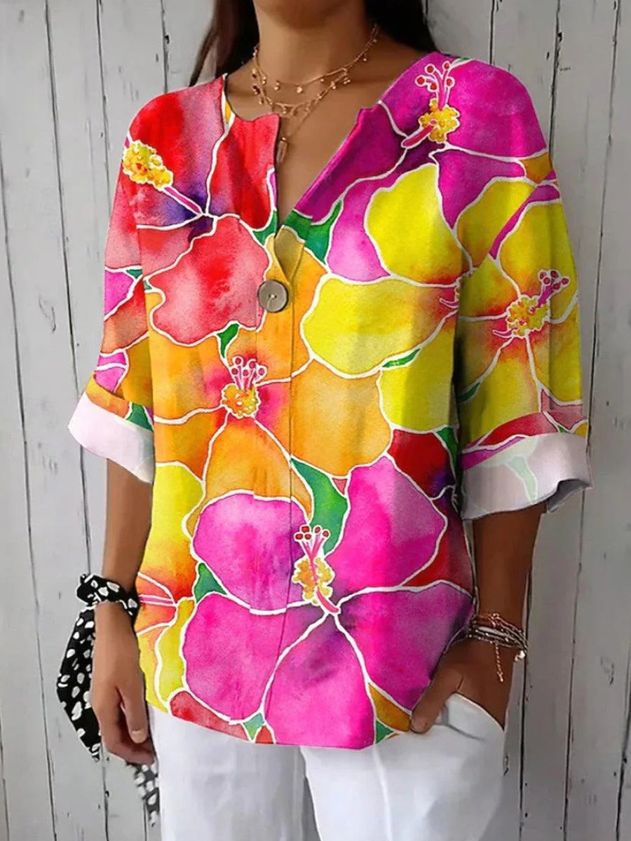 Romantic V-Neck Floral Print Long Sleeve Tops