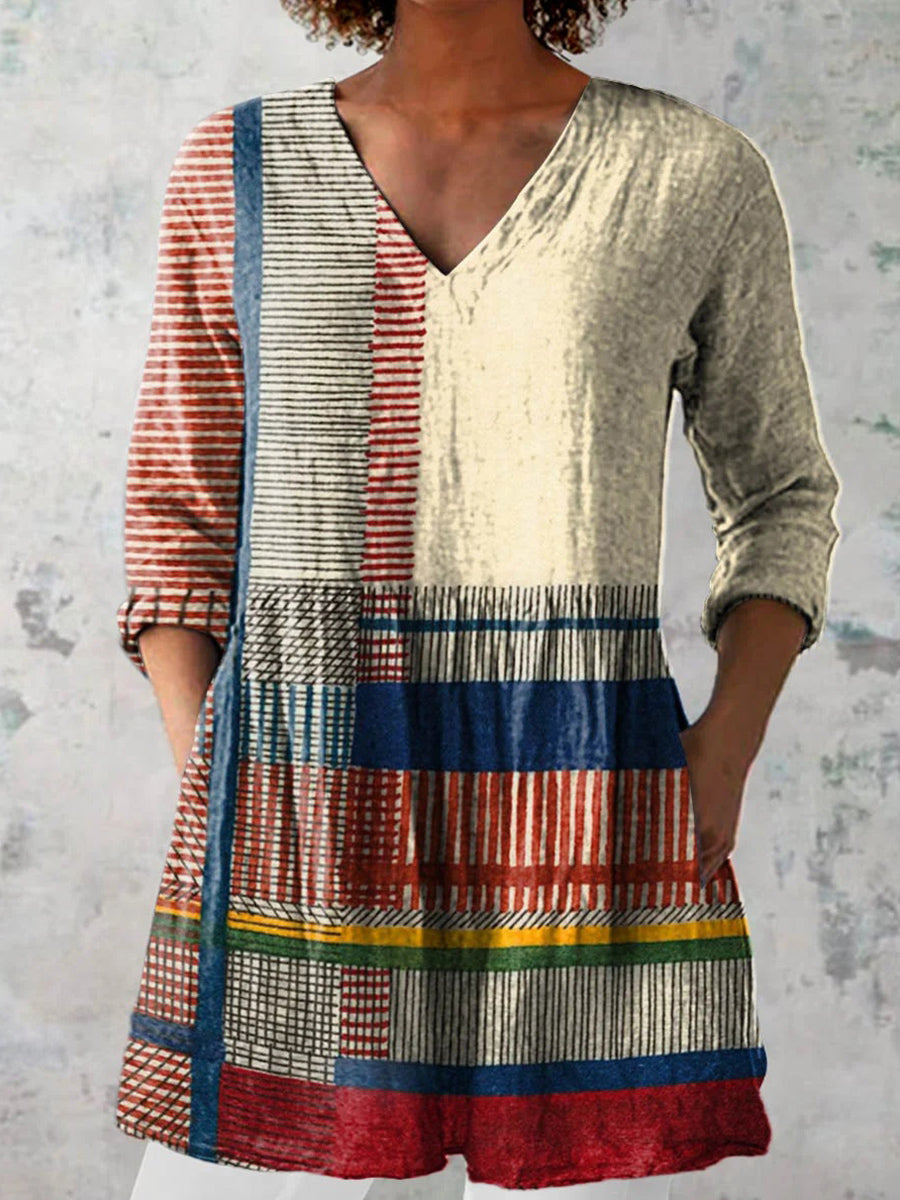 Abstract Geometric Pattern Art Print Casual V-neck 3/4 Sleeve Blouse Main image