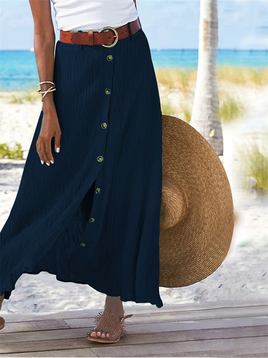 Solid Straight Fashion Split Button Maxi High Waist Skirt