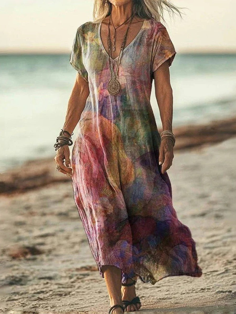 Vintage Gradient V-neck Short Sleeve Dress