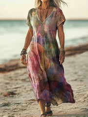 Vintage Gradient V-neck Short Sleeve Dress