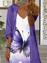 Long Sleeve V-neck Graphic Printed Two Pieces Maxi Dress