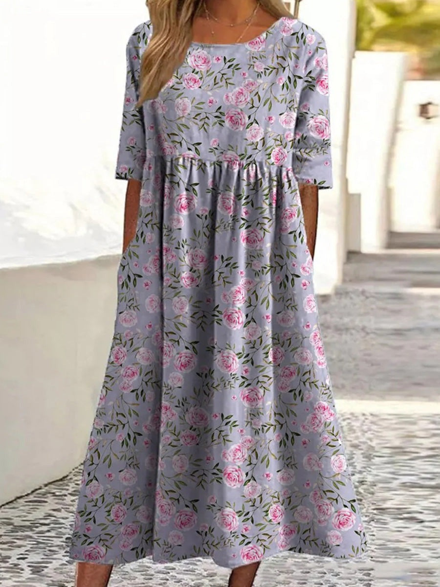 Floral Print Crew Neck Short Sleeve Pleated  Comfy Midi Dress