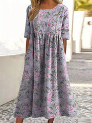 Floral Print Crew Neck Short Sleeve Pleated  Comfy Midi Dress