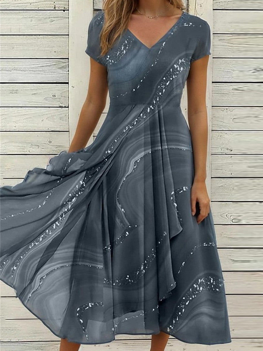Gray Glitter V Neck Short Sleeve Pleated Flowy Midi Dress