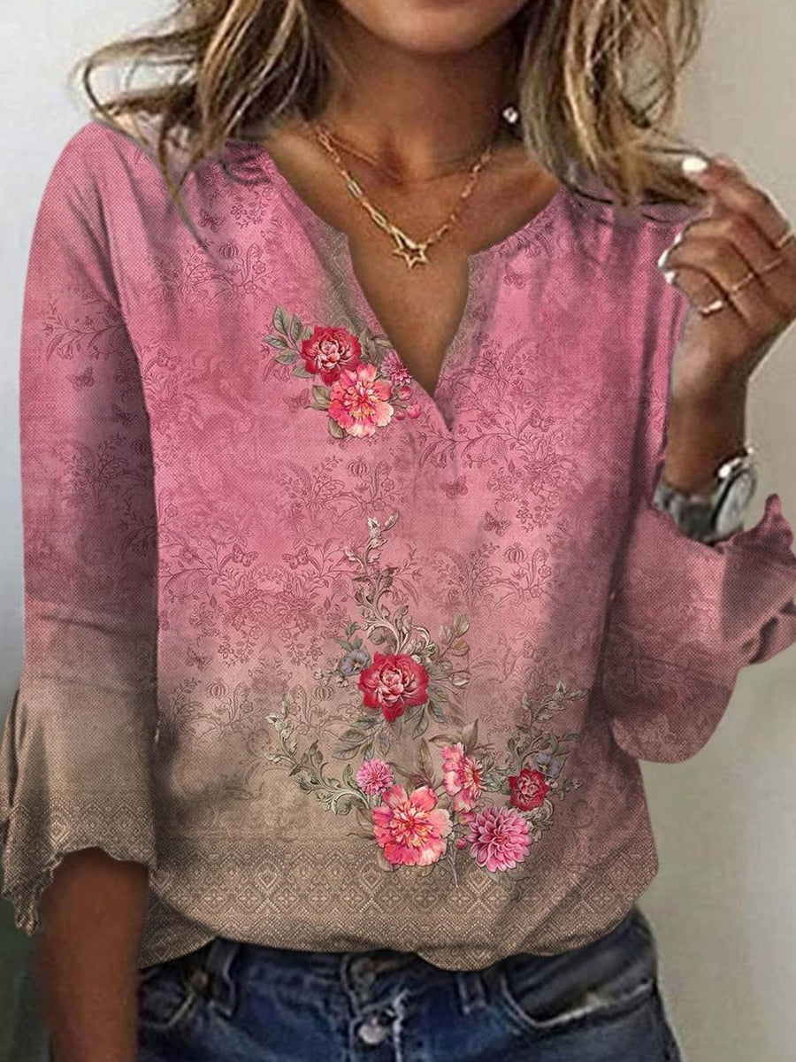 Pink Floral Print V-neck 3/4 Sleeve Tops