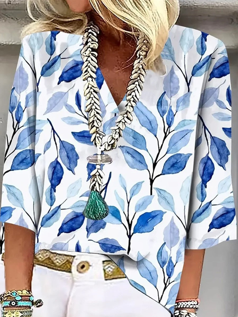 Blue V-Neck 3/4 Sleeve Tops