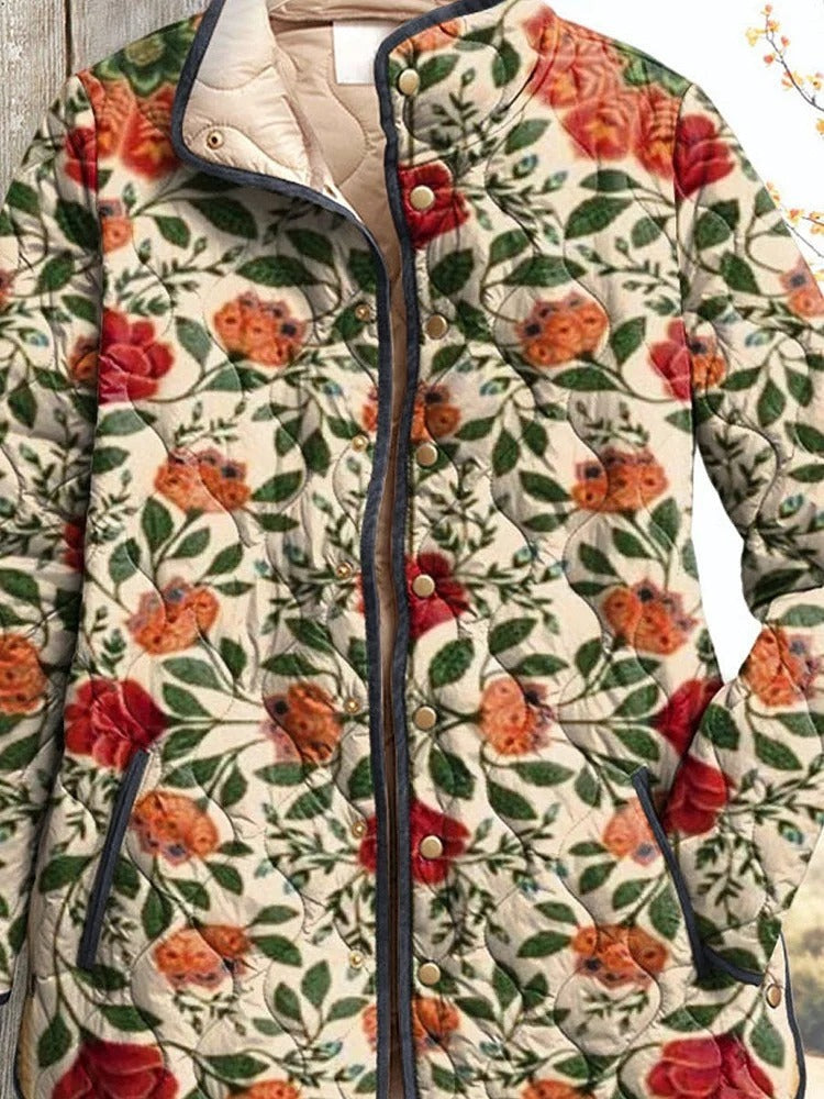 Floral Art Print Stand Collar Long Sleeve Pocket Warm Cardigan