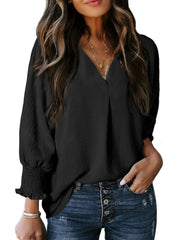 Solid Color V Neck Long Sleeve Loose Blouse