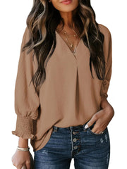 Solid Color V Neck Long Sleeve Loose Blouse