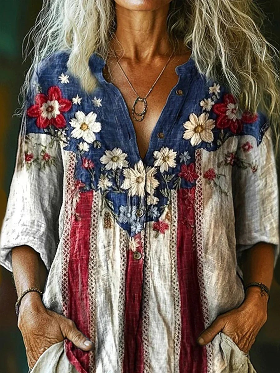 Vintage Floral Print V-neck 3/4 Sleeve Loose Blouse