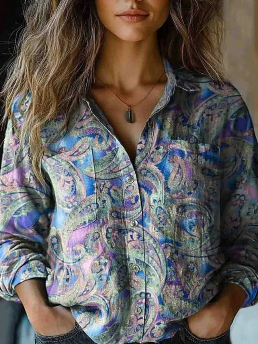 Vintage Ethnic Floral Print Lapel Long Sleeve Loose Blouse