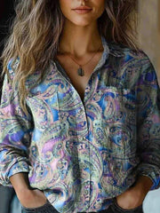 Vintage Ethnic Floral Print Lapel Long Sleeve Loose Blouse