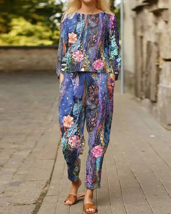 Floral Crew Neck Long Sleeve Blouse and Pocket Casual Pants Two-Piece Suit