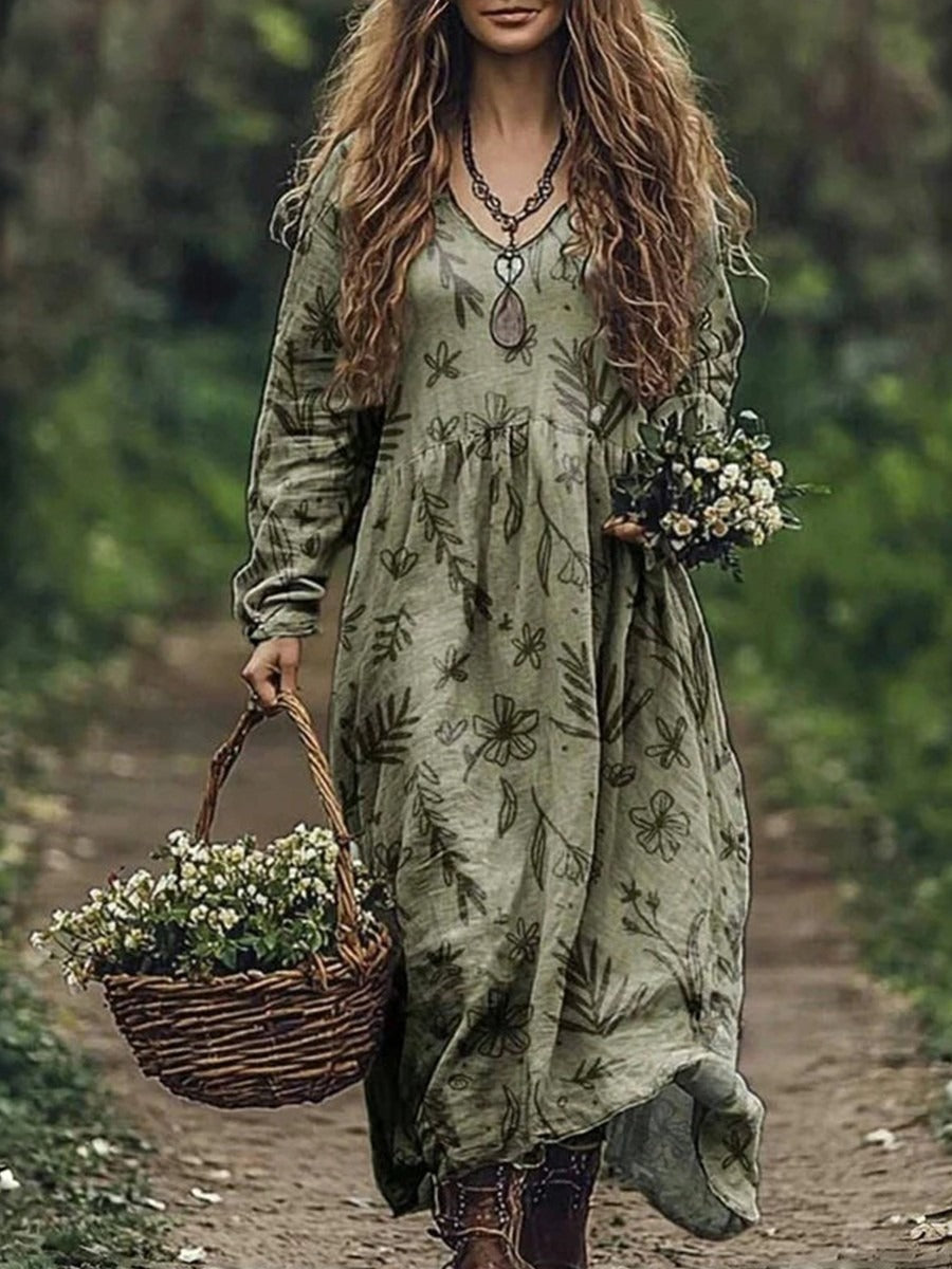 Vintage Floral Print V-neck Long Sleeve Maxi Dress