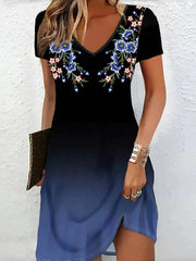 Floral Print Gradient Color V-neck Short Sleeve Elegant Midi Dress