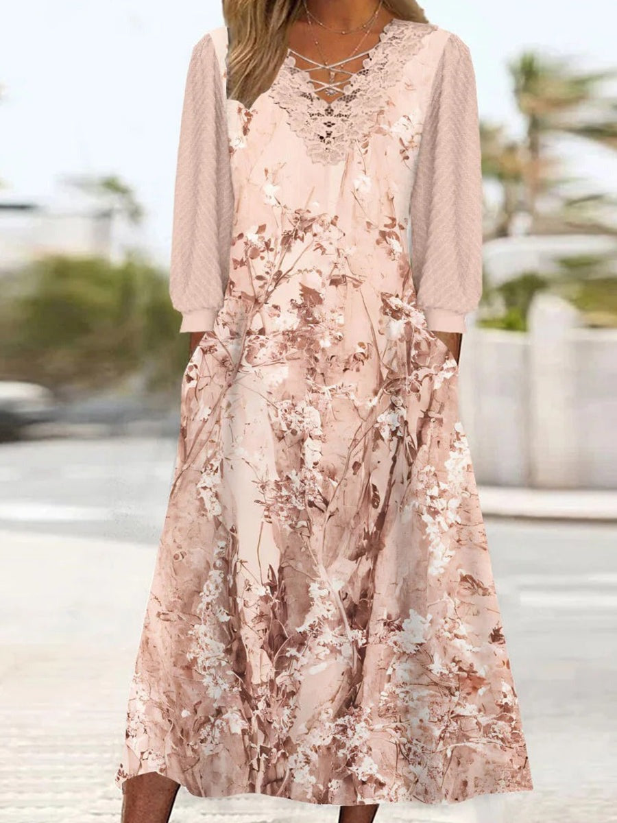 Floral Print Lace Stitching V-neck Long Sleeve Side Pocket Loose Casual Midi Dress