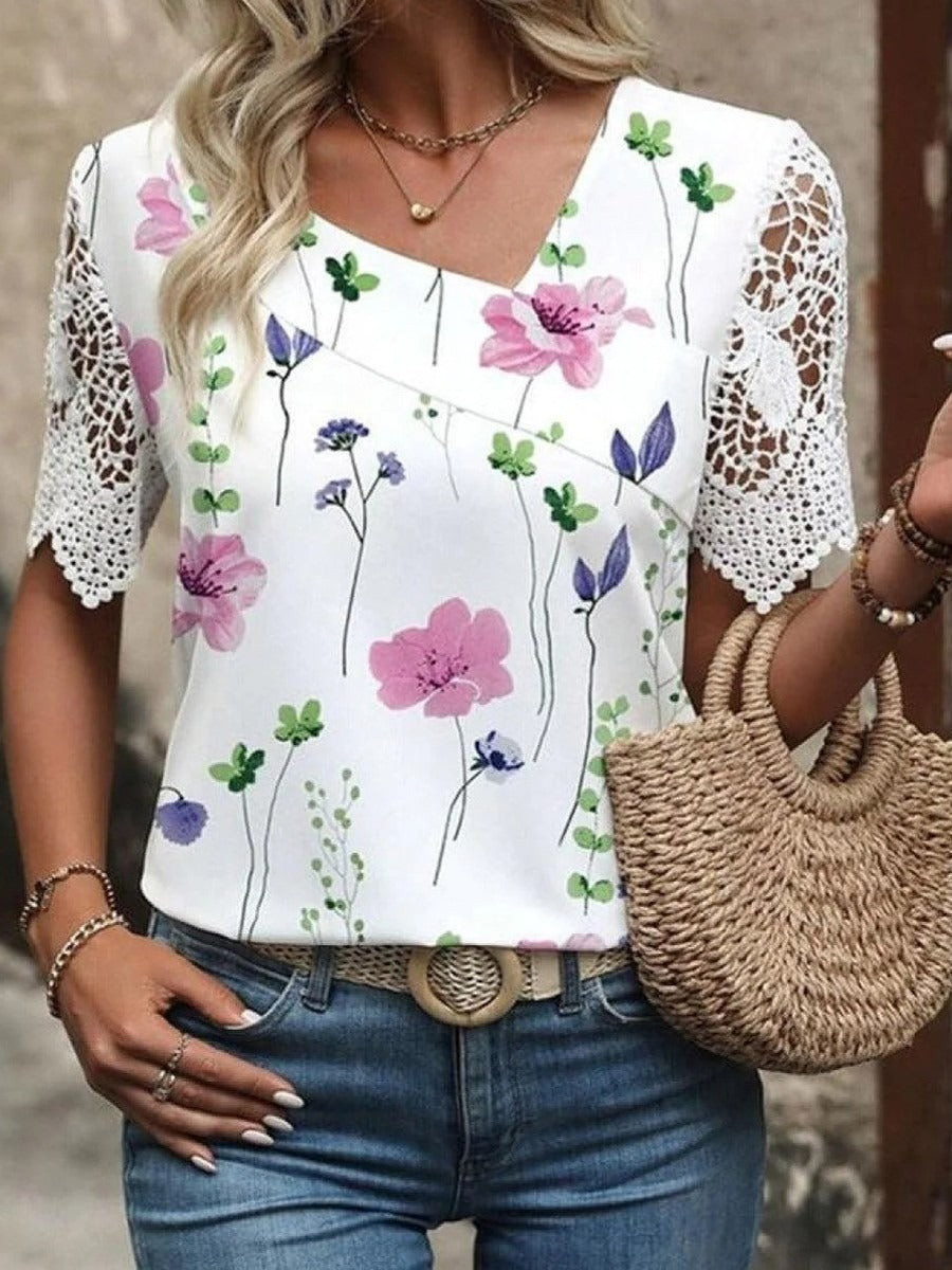 Floral Print V-neck Short Sleeve Tops