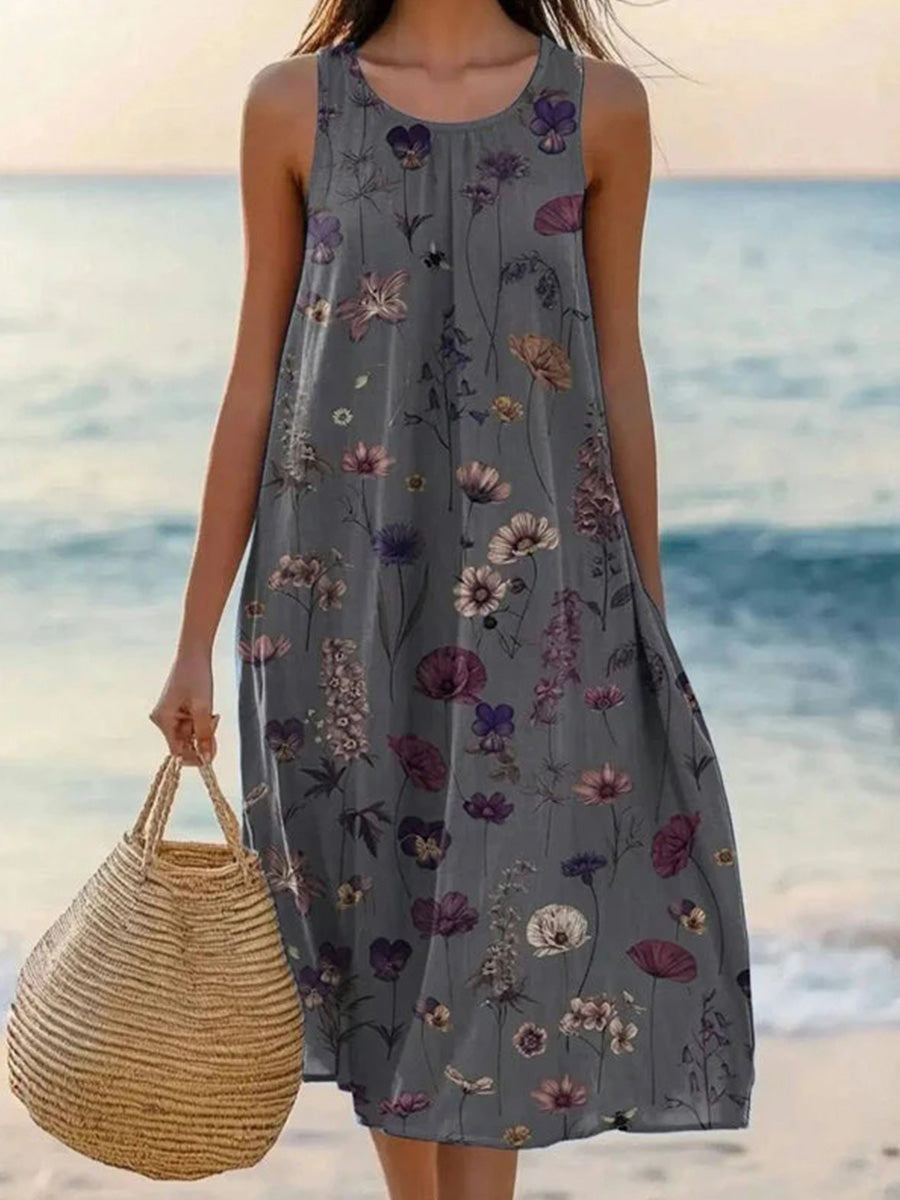 Vintage Floral Print Crew Neck Sleeveless Comfy Maxi Dress