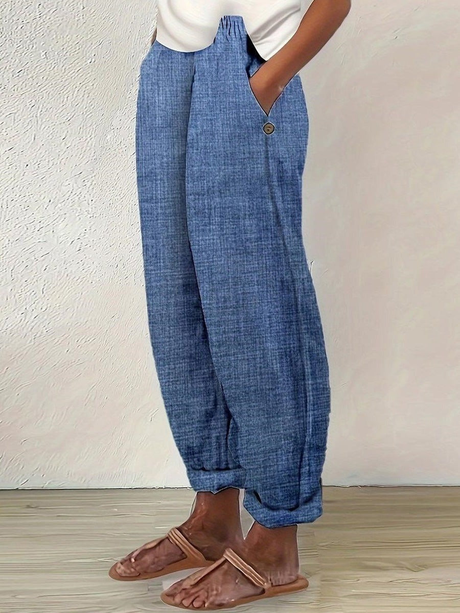 Plain Side Pocket Elastic Waist Loose Casual Pants