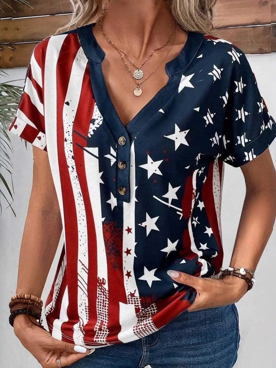 Patriotic Stars and Stripes Print Short Sleeve V-Neck Casual T-Shirt
