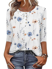 Casual Floral Print Round Neck 3/4 Sleeve Blouse