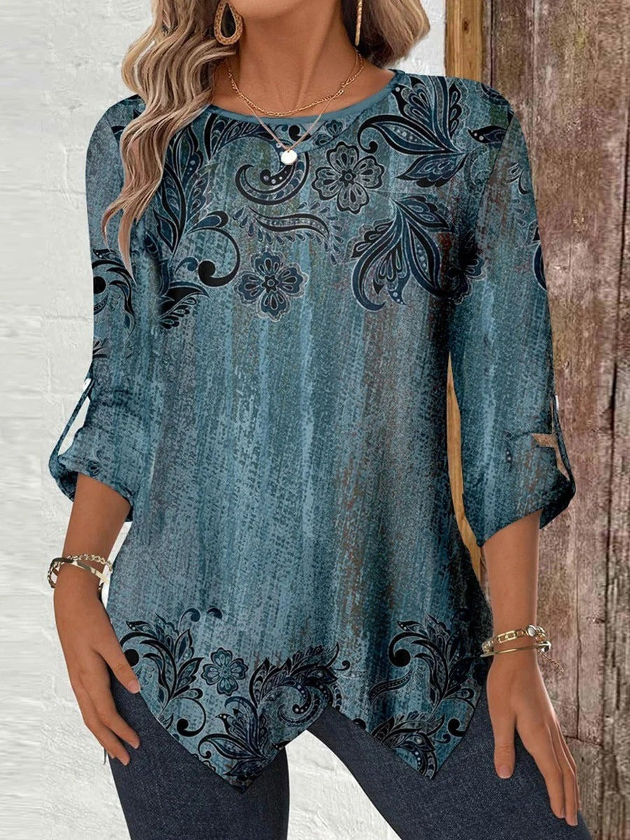 Vintage Floral Print Scoop Neck Long Sleeve Irregular Hem Blouse