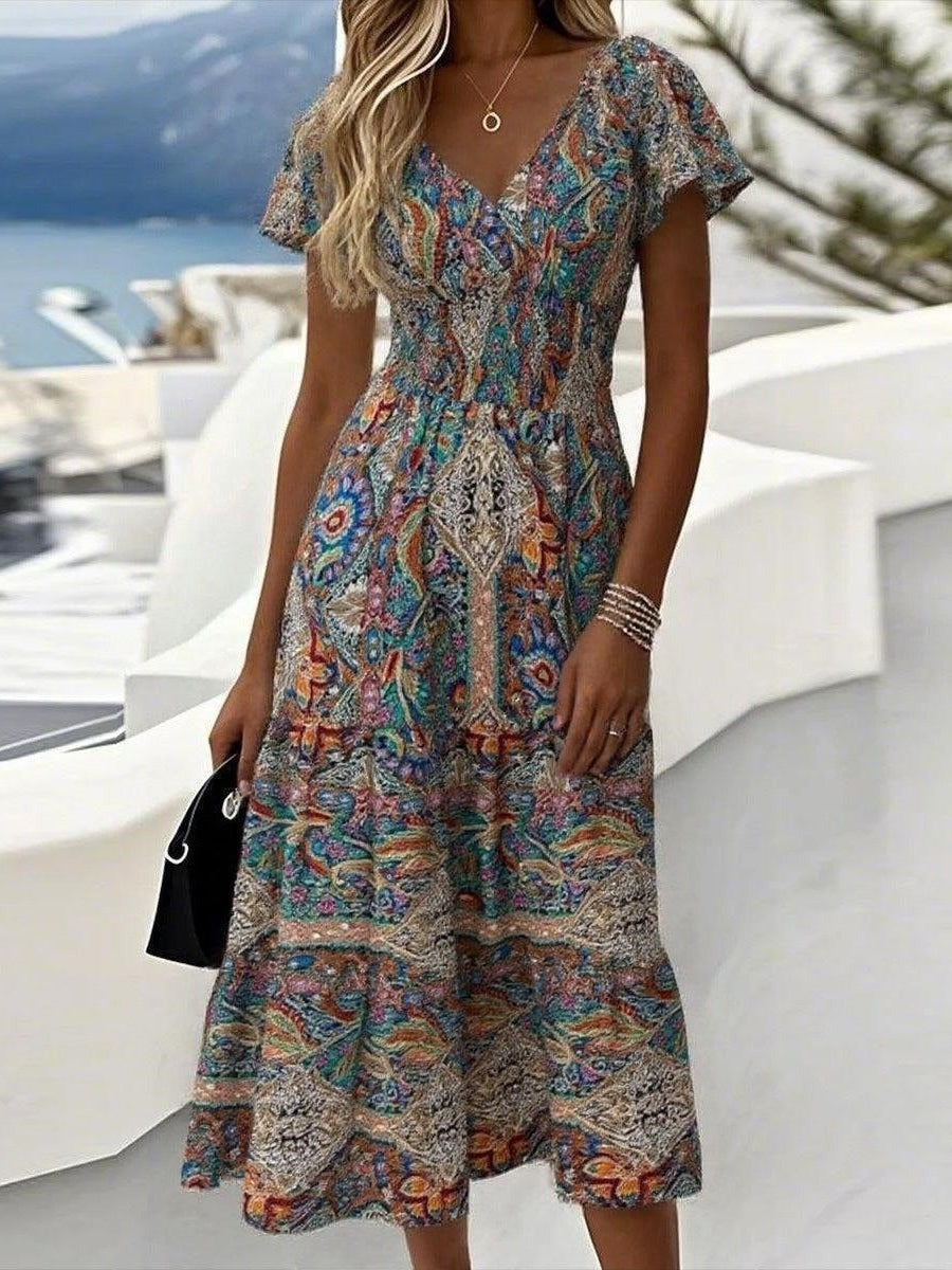 Vintage Paisley Print V-neck Short Sleeve Casual Comfy Midi Dress
