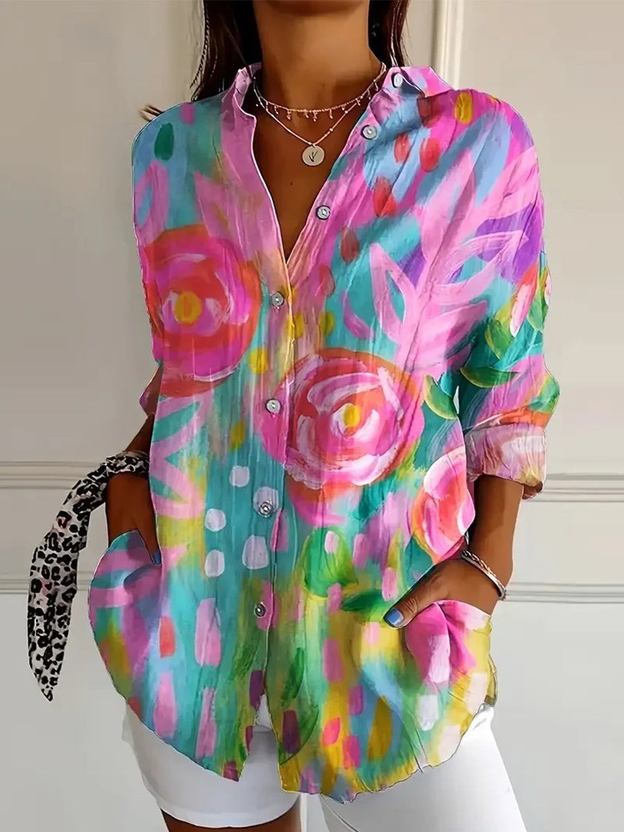 Floral Print Lapel Button Up Long Sleeve Casual Shirt