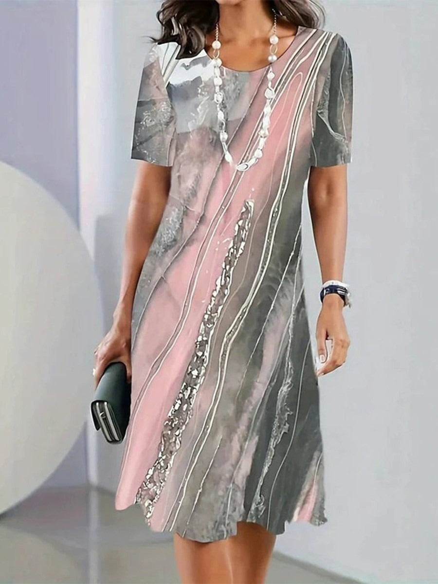 Vintage Gradient Round Neck Short Sleeve Midi Dress