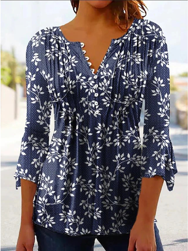 Navy Blue Floral Print V-neck Button-up 3/4 Sleeve Casual Blouse