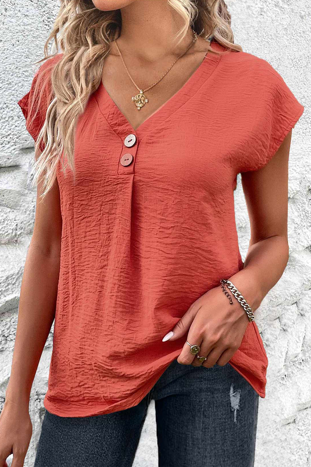 Chic Coral Button V-neck Short Sleeve Loose Blouse