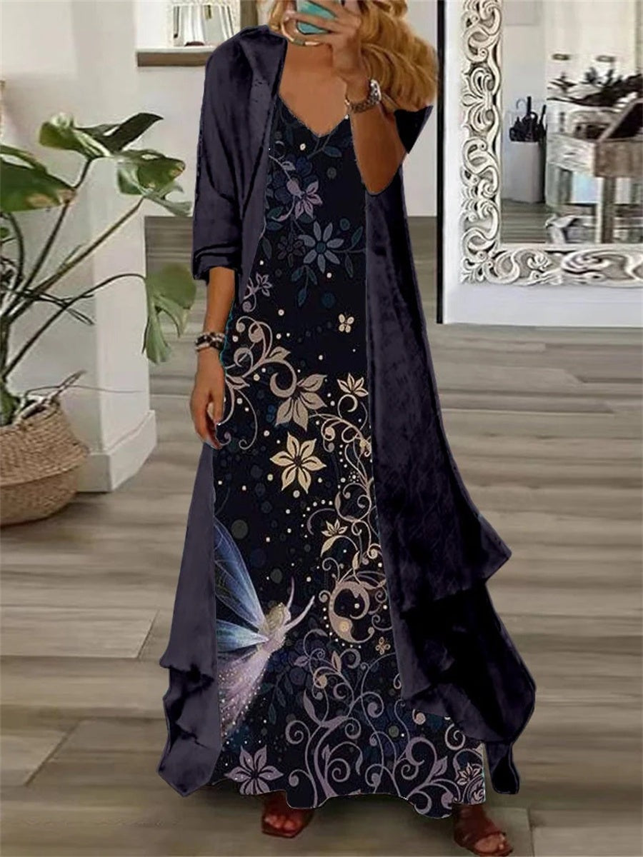 Elegant Black Floral Print V-neck Long Sleeve Comfy Two Pieces Maxi Dress