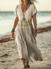 Vintage Floral Print V-neck Short Sleeve Lightweight Vacation Maxi Dress